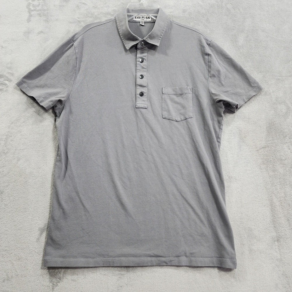 Express Polo Mens M Gray Fitted Stretch Cotton Pocket Shirt Office Preppy Sporty